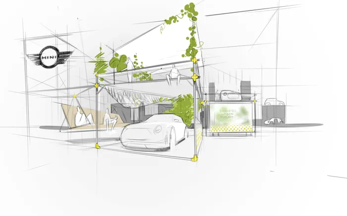 Sketch of futuristic urban garage with car and greenery by Timo Müller
