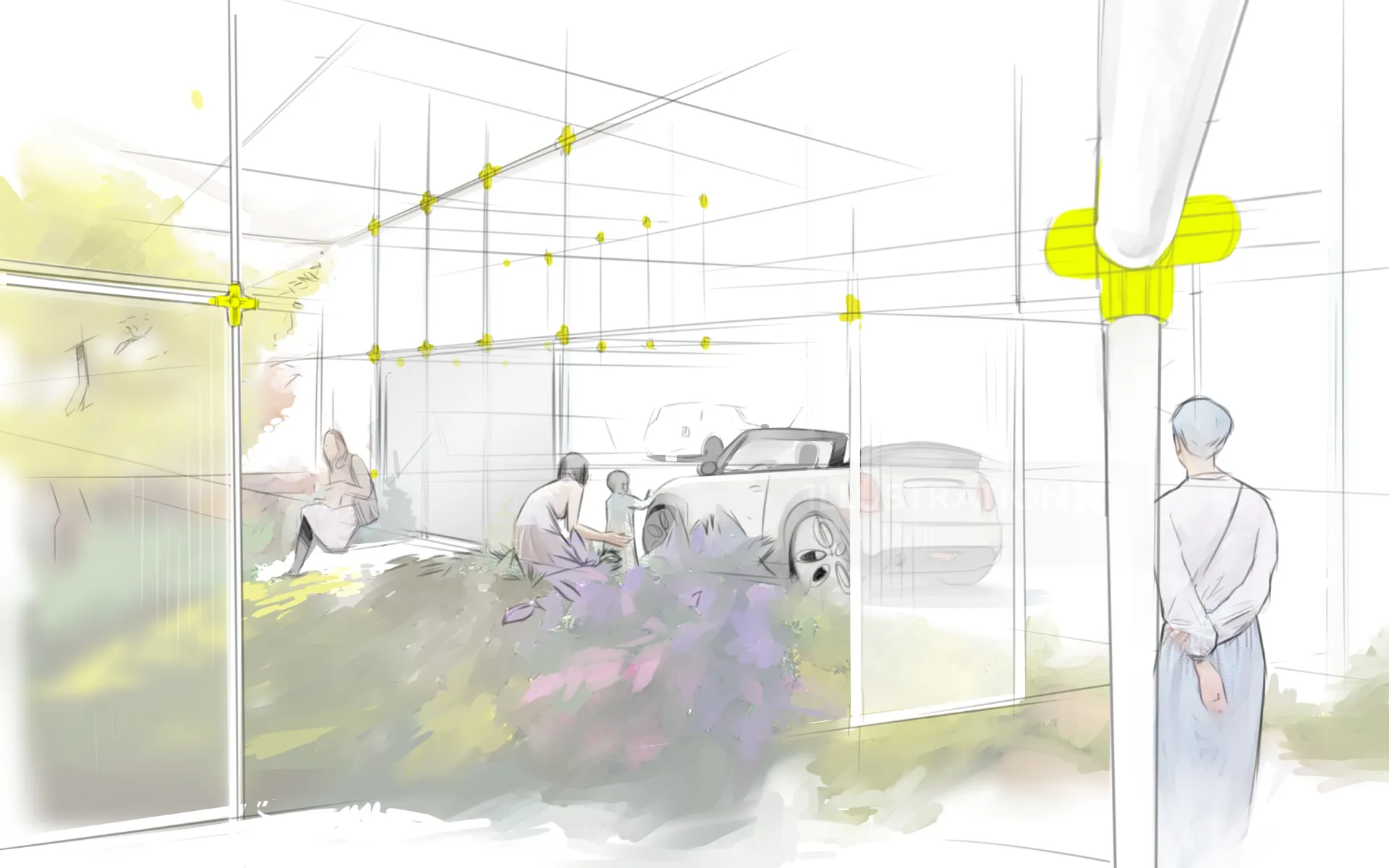 Sketch of modern open garage with car and people by Timo Müller