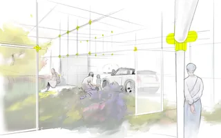 Sketch of modern open garage with car and people by Timo Müller