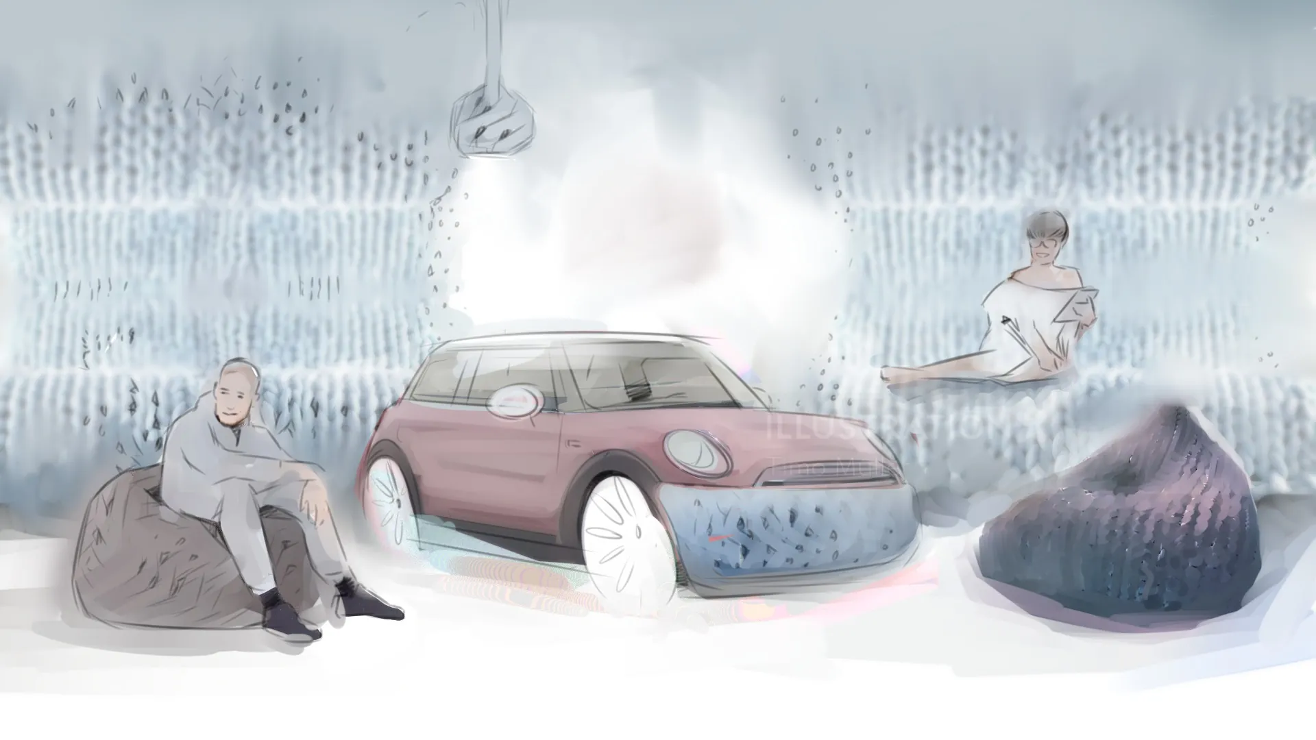 Illustration of man and woman sitting on bean bags next to a car by Timo Müller
