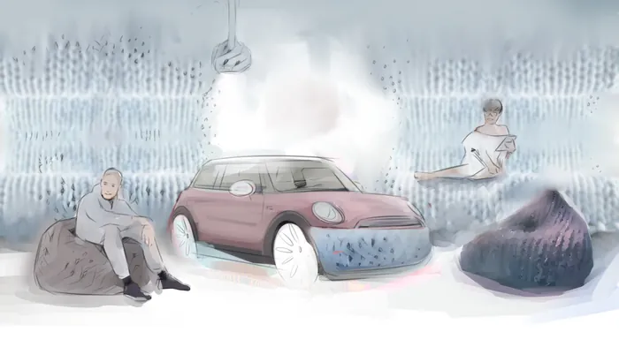Illustration of man and woman sitting on bean bags next to a car by Timo Müller