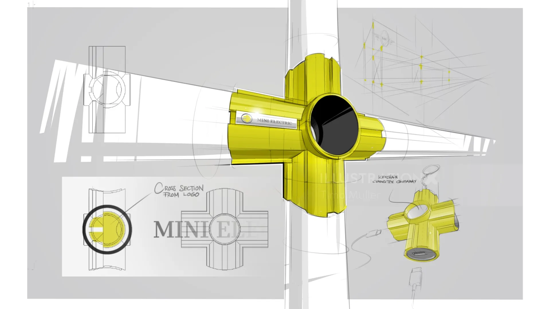 Mechanical component design sketches by Timo Müller in yellow and gray tones