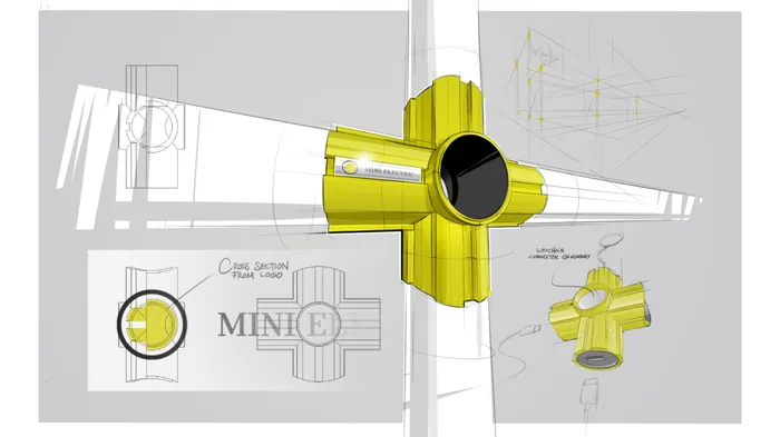 Mechanical component design sketches by Timo Müller in yellow and gray tones