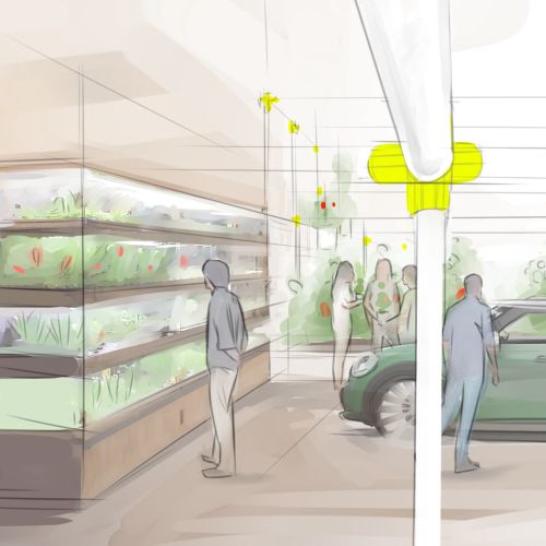Concept store interior with green car and people by Timo Müller