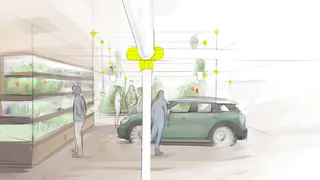 Concept store interior with green car and people by Timo Müller