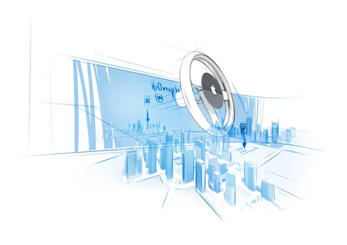 Futuristic cityscape with digital circular interface by Timo Müller