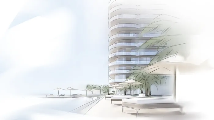 Minimalist sketch of modern beachside resort with loungers and umbrellas by Timo Müller