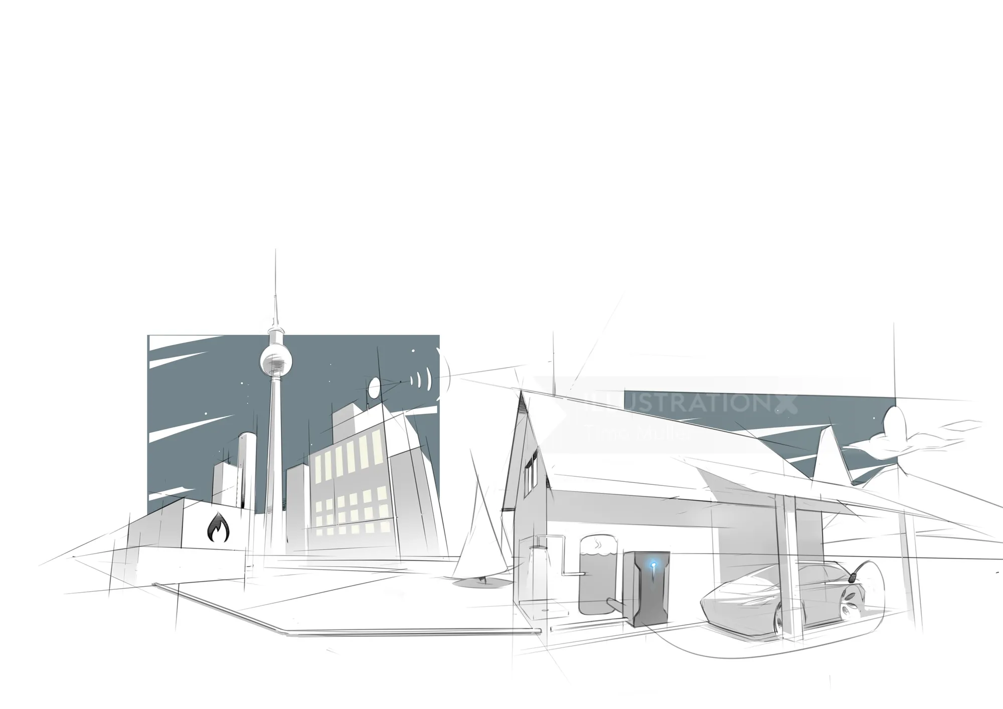 Minimalist architectural sketch of city buildings and rural gas station by Timo Müller