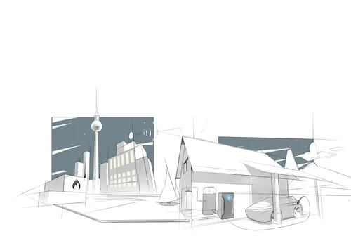 Minimalist architectural sketch of city buildings and rural gas station by Timo Müller