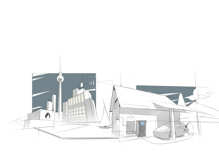 Minimalist architectural sketch of city buildings and rural gas station by Timo Müller