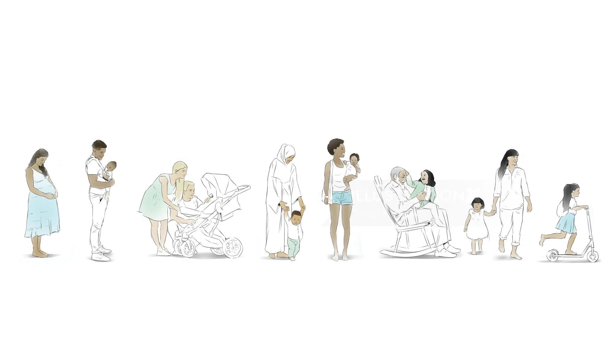 Illustration of women and children at various life stages by Timo Müller