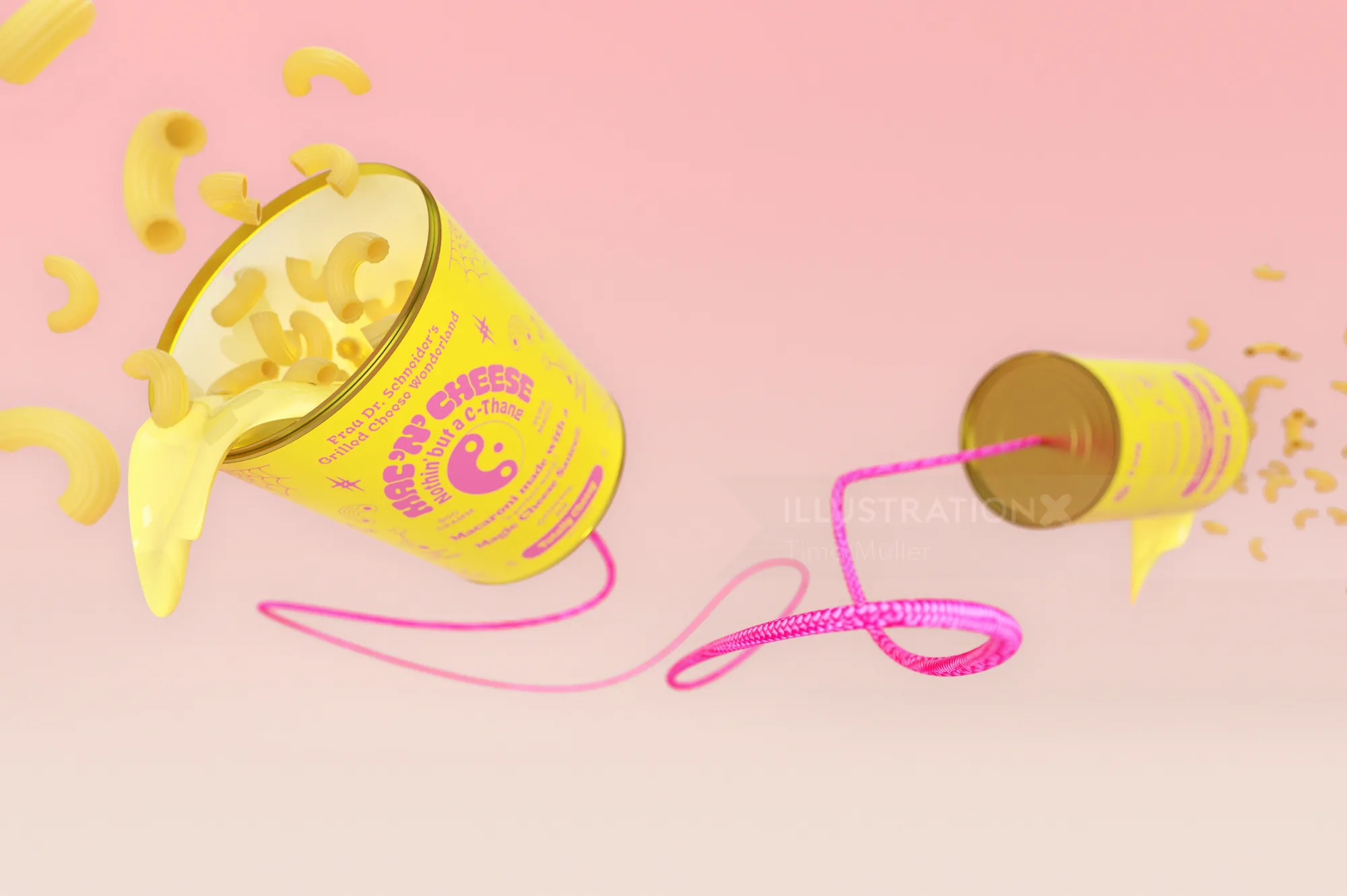 Two yellow cups connected by pink string with macaroni spilling out on pink background