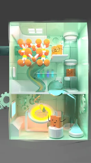 Cartoon lab with tree, flasks, gears, and smiling characters in pastel colors