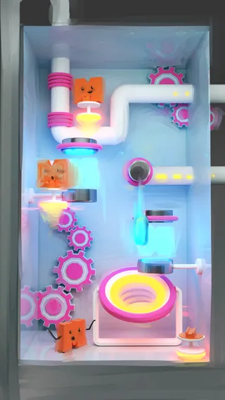 Bright puzzle with pipes, gears, and smiling animated blocks