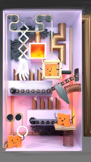 Abstract mechanical and robotic parts in a colorful arranged box