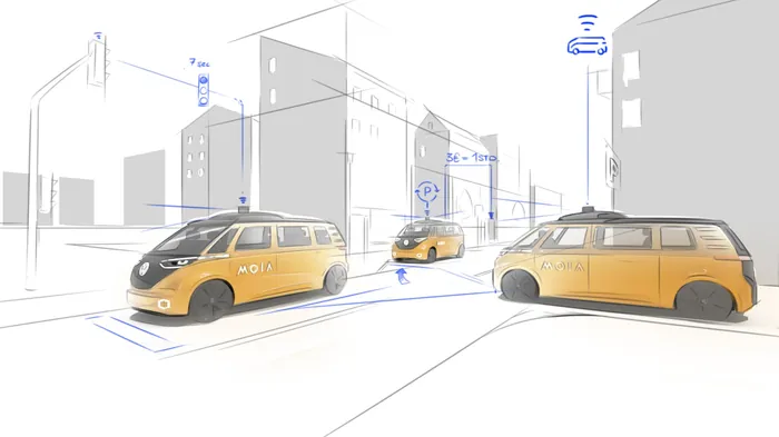 Yellow autonomous taxis driving through city streets showing wireless connectivity