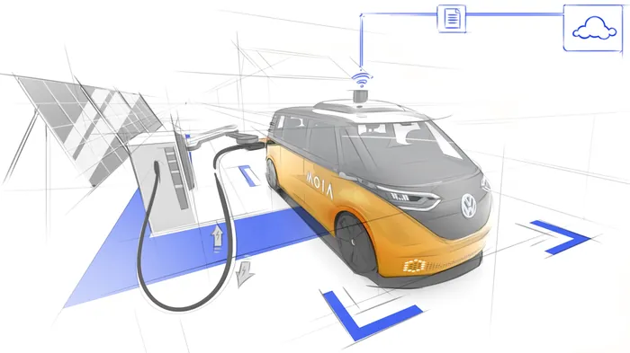 Autonomous Volkswagen electric car charging at station