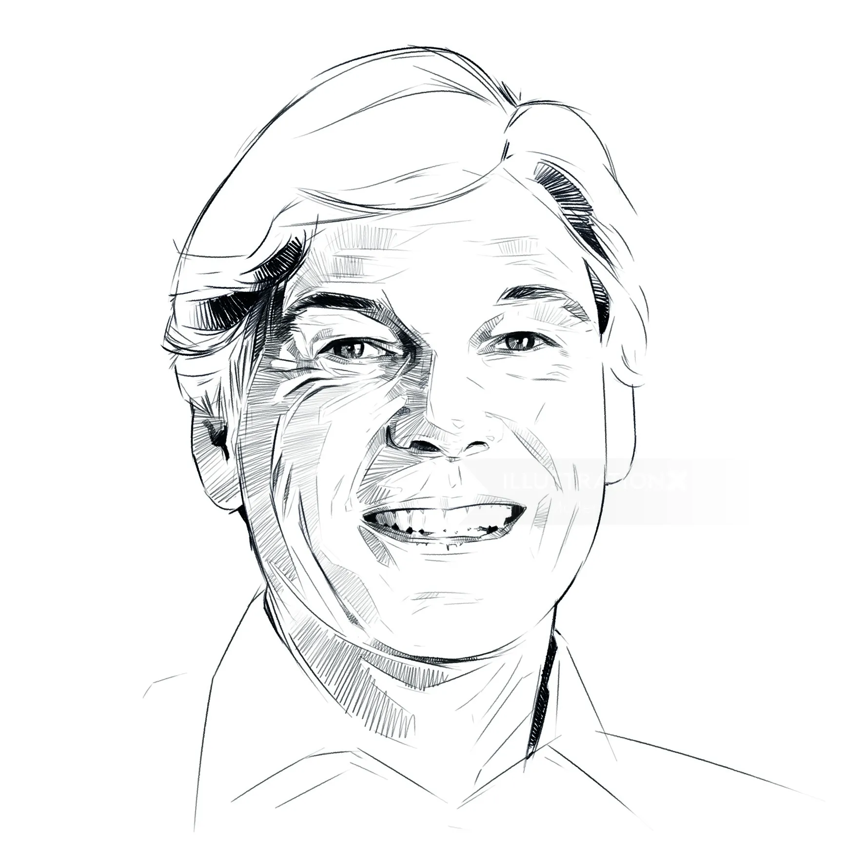 Sketch portrait of a smiling man with neatly combed hair