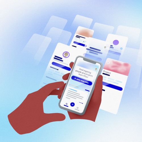 Hands holding smartphone displaying multiple app interface screens