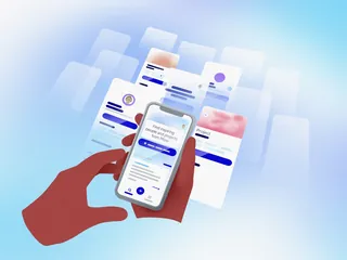 Hands holding smartphone displaying multiple app interface screens