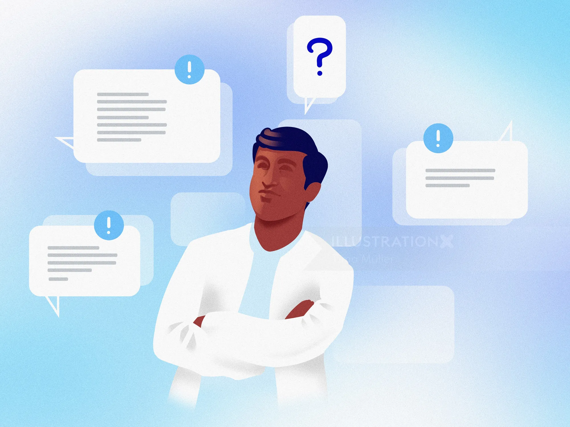 Man looking confused with question and alert message bubbles