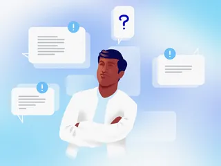 Man looking confused with question and alert message bubbles