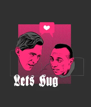 Two men in stylized portrait with heart icon and text 'Lets Hug'
