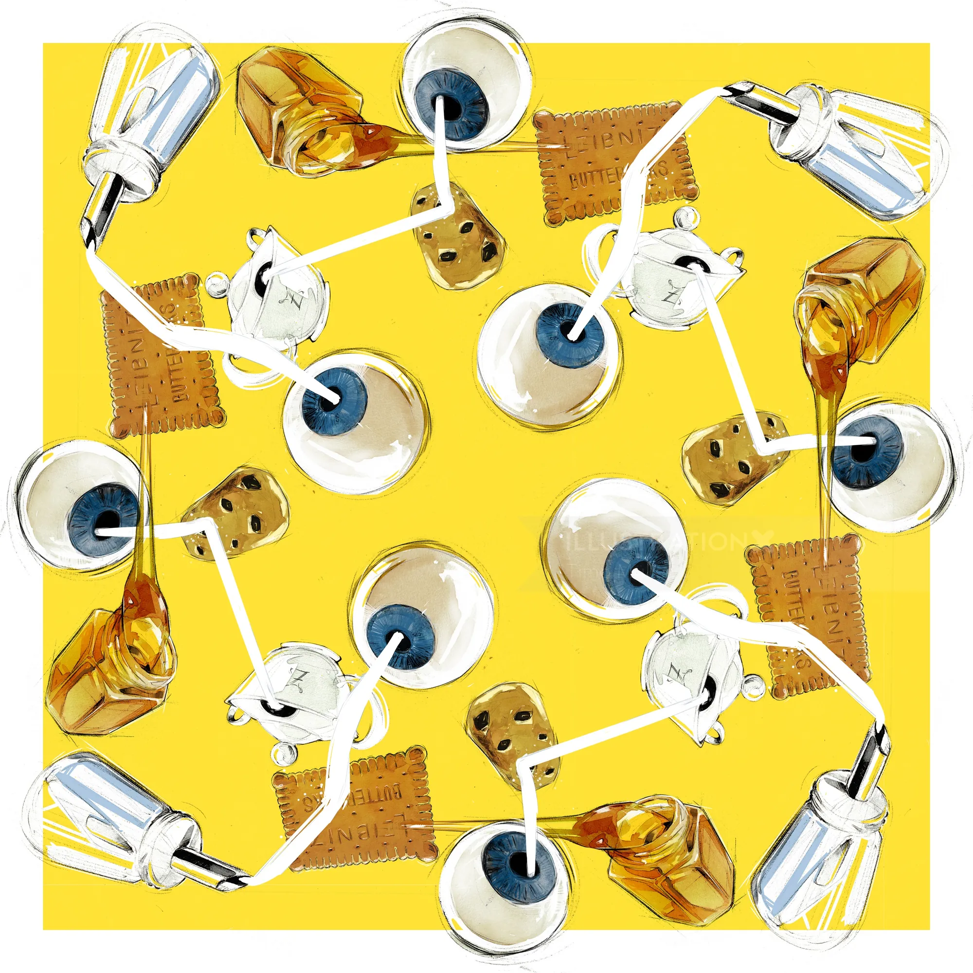 White coffee cups with dark coffee, glass bottles, cookies, and cloth napkins on yellow surface