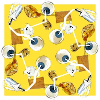 White coffee cups with dark coffee, glass bottles, cookies, and cloth napkins on yellow surface