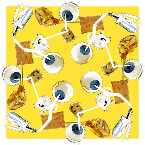 White coffee cups with dark coffee, glass bottles, cookies, and cloth napkins on yellow surface