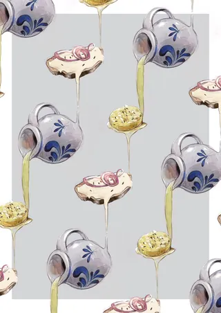 Ceramic pitchers pouring honey onto bread and biscuits seamless pattern