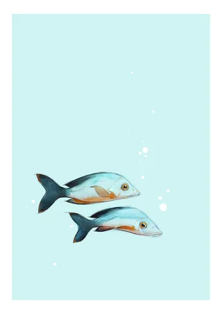 Two stylized fish swimming on a light blue background with bubbles