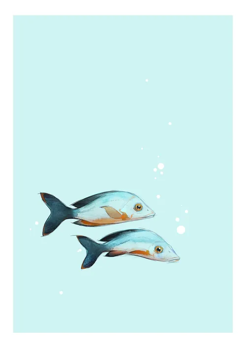 Two stylized fish swimming on a light blue background with bubbles