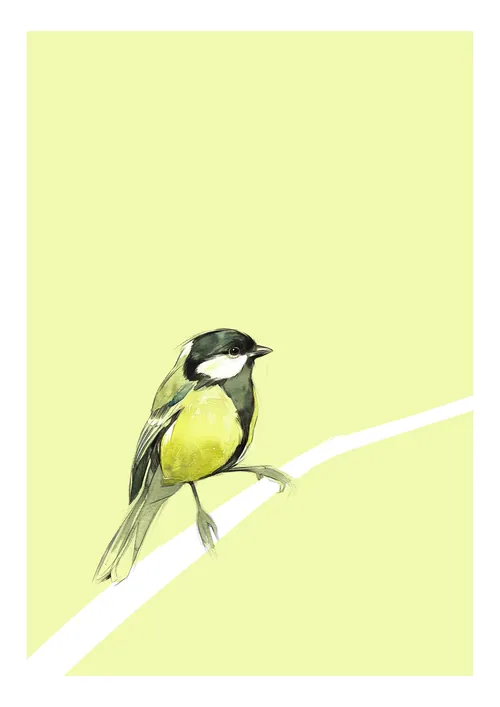 Yellow and black bird perched on a pale green branch illustration