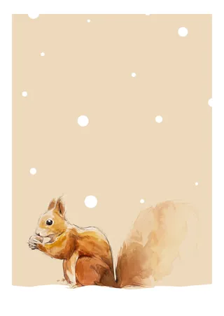 Watercolor squirrel eating with a beige snowy background