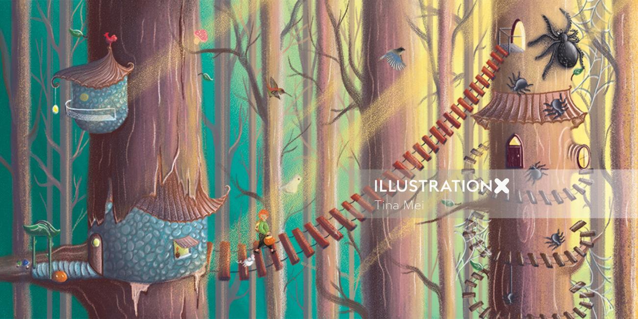 Entre as árvores, ilustração da floresta encantada, ilustração da floresta, crianças mágicas, truque infantil