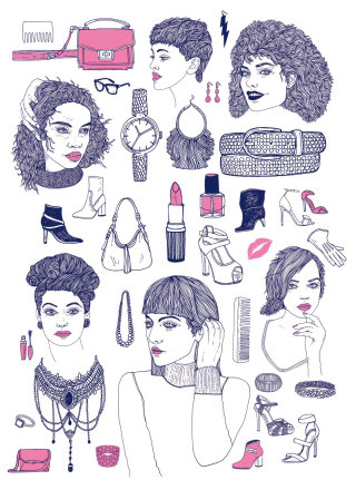 Ilustración de moda del kit de maquillaje. 
