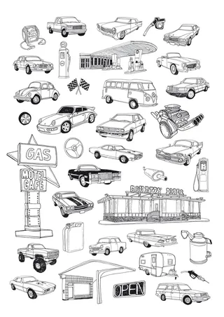 Graphic line art of cars
