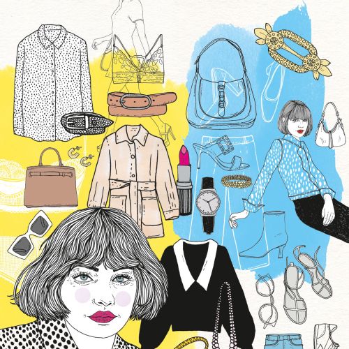 Fashion illustration of a woman with clothes, shoes, and accessories by Tobias Göbel