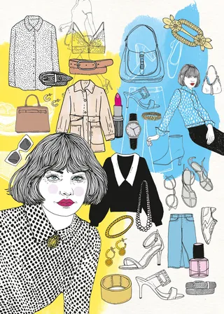 Fashion illustration of a woman with clothes, shoes, and accessories by Tobias Göbel