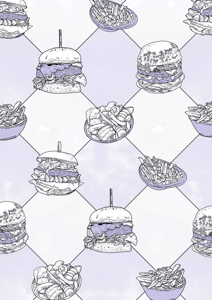 Natural pattern drawing with burgers and french fries
