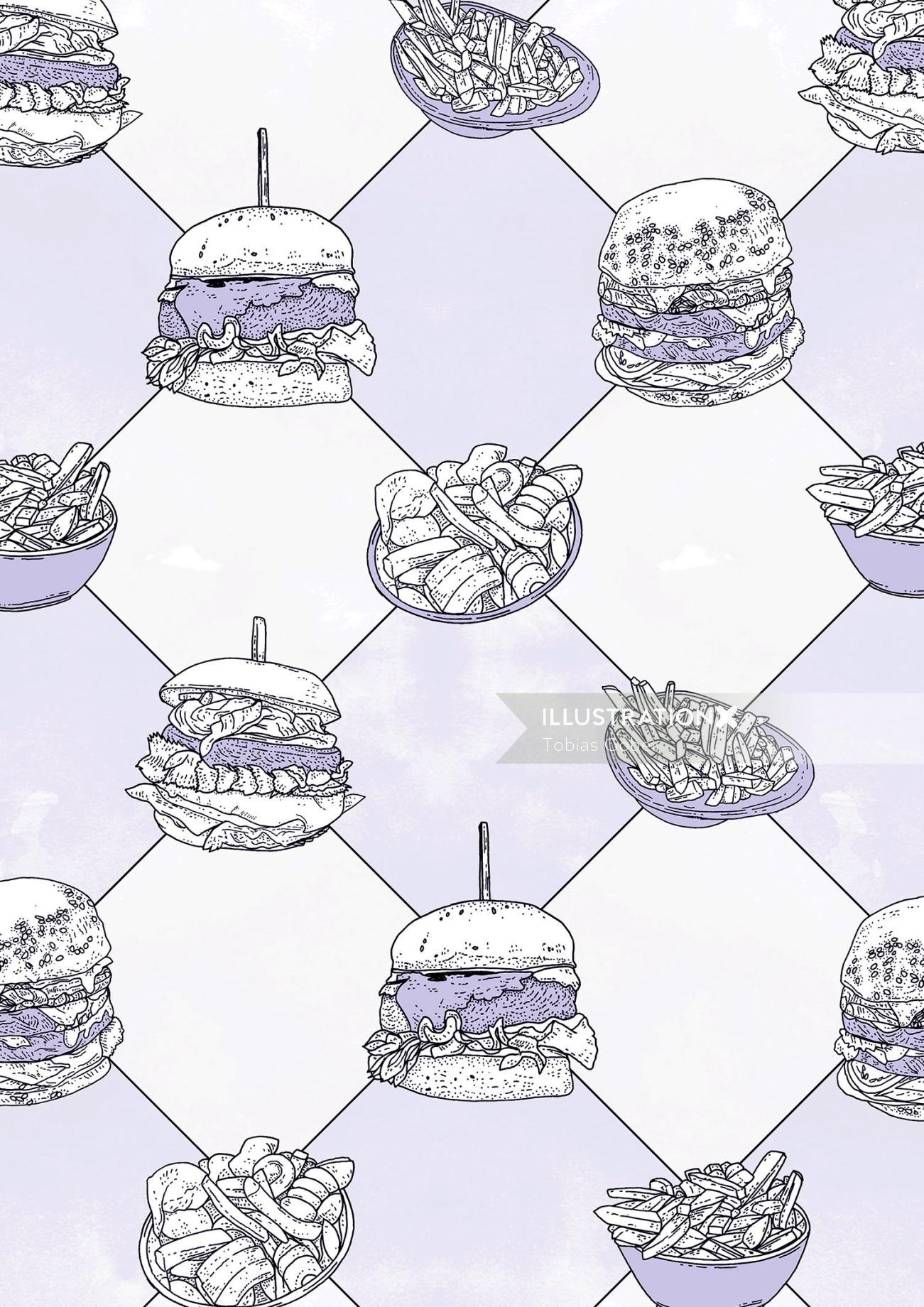 ハンバーガーとフライドポテトで描く自然なパターン