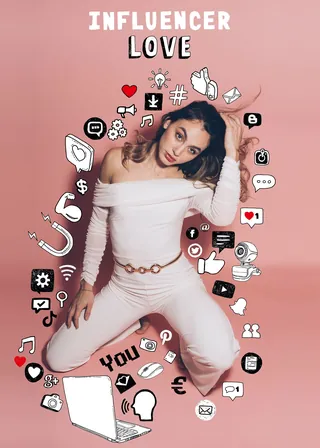 Young woman in white outfit with social media icons around her by Tobias Göbel