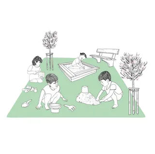 Children playing in sandbox with toys and trees, illustration by Tobias Göbel