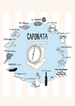 Hand-drawn illustration of caponata ingredients with kitchen scale by Tobias Göbel