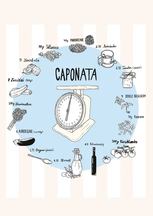 Hand-drawn illustration of caponata ingredients with kitchen scale by Tobias Göbel