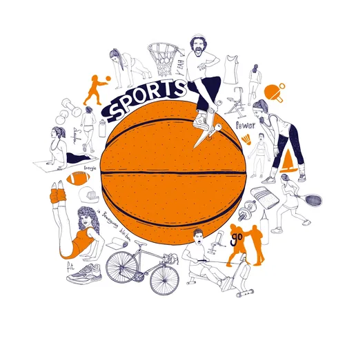Sports illustration with basketball and various athletes by Tobias Göbel