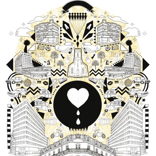 Symmetrical urban illustration with buildings and central heart by Tobias Göbel
