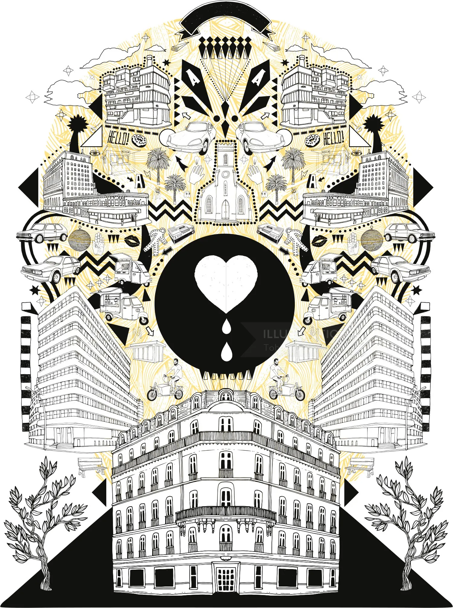 Symmetrical urban illustration with buildings and central heart by Tobias Göbel