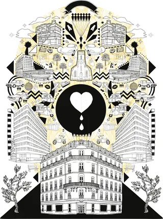 Symmetrical urban illustration with buildings and central heart by Tobias Göbel